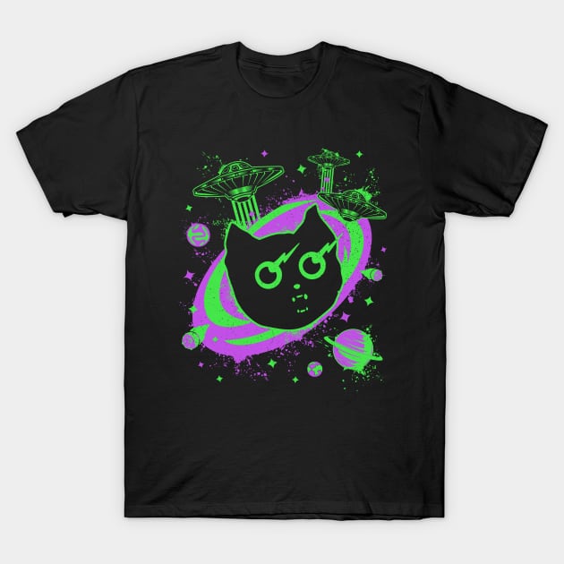 Galaxy Cat UFO Funny Cat With Laser Eyes T-Shirt by Wasabi Snake